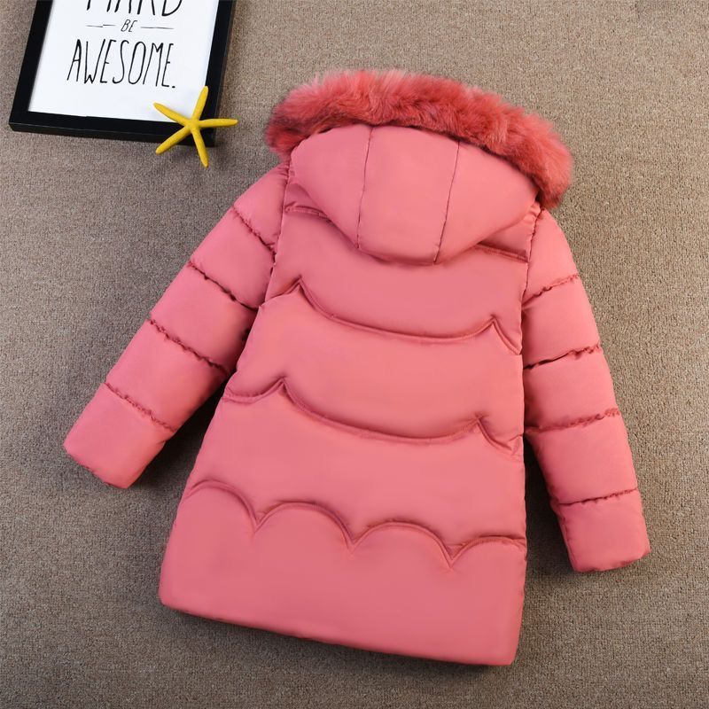 Girls' Winter Clothes Cotton Jacket with Thick Collar Down Cotton Jacket Long Length