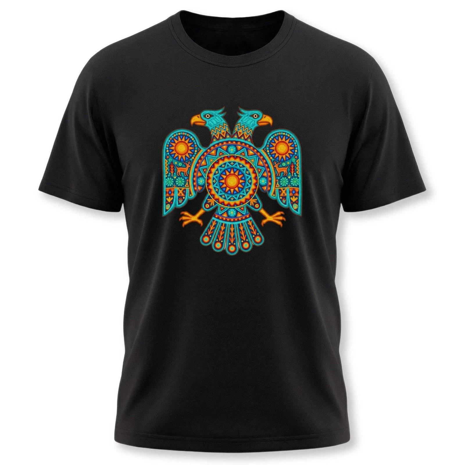 Huichol Two Headed Eagle T-Shirt | Vibrant Mexican Folk Art Graphic Tee L