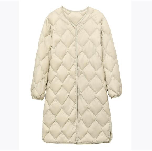 Autumn and Winter Women's Lightweight Down Jacket Medium-length Light Down Jacket Solid Color V-neck Single-breasted Jacket