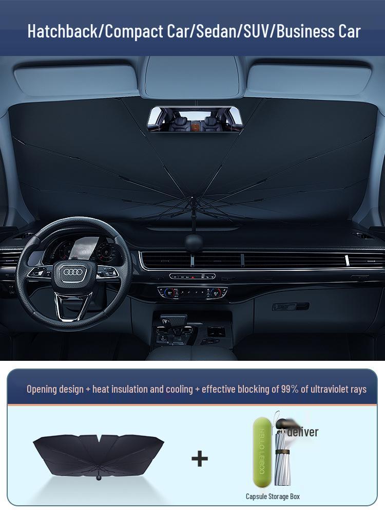 

Umbrella-Style Car Sunshade for Heat and UV Protection, Telescopic Windshield Shield, Insulating Blackout Cloth
