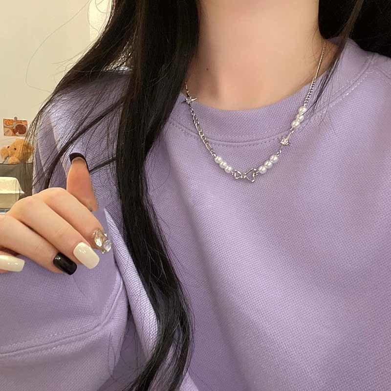 Imitation pearl splicing necklace women s temperament bow pendant light luxury niche design versatile collarbone chain
