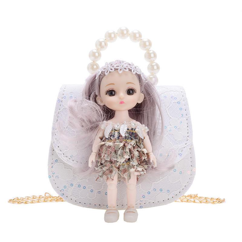Adorable Cartoon Princess Kids Bag With Pearl Handle And Trendy Chain Strap белый