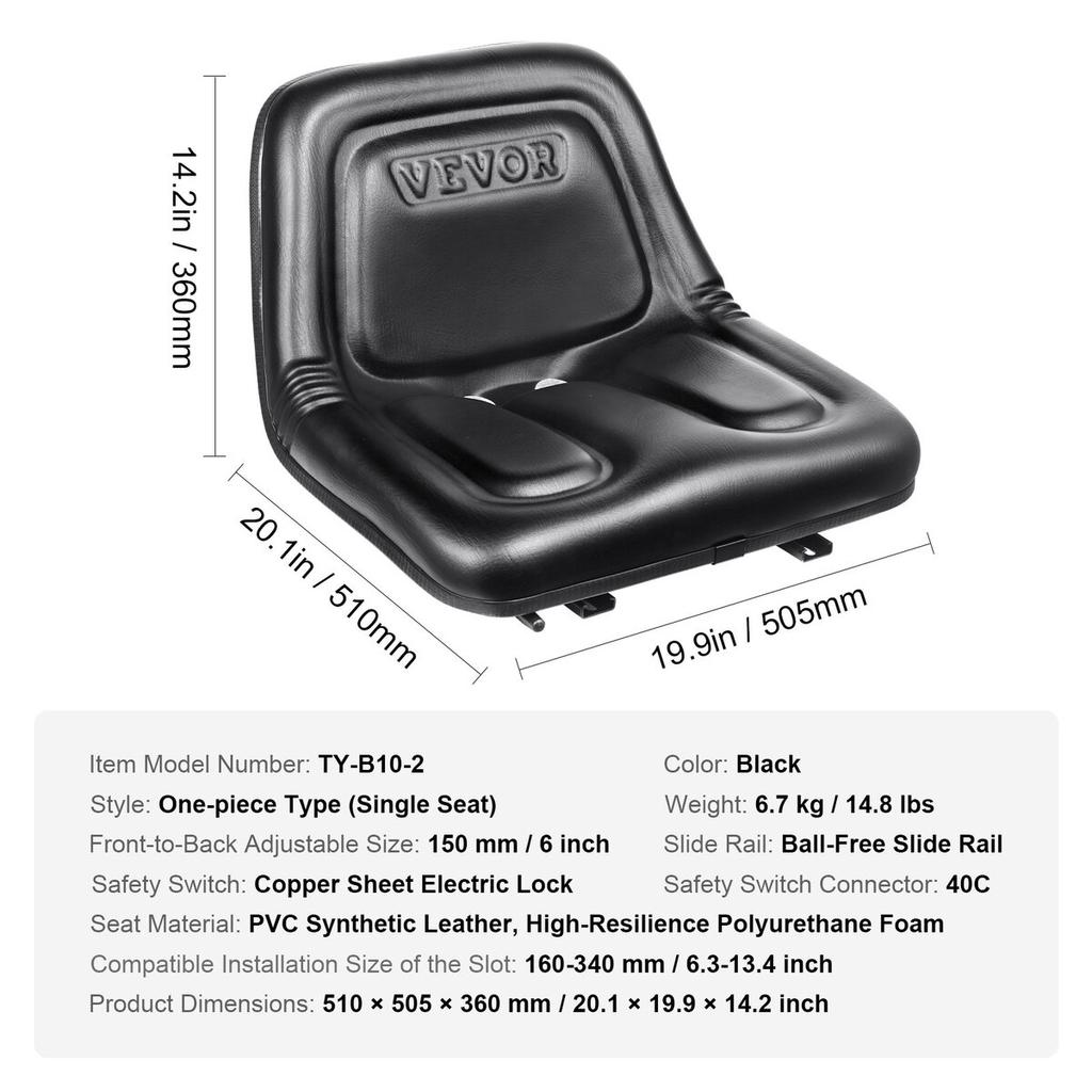 Universal Tracor Seat, Lawn Mower Seat with Micro Switch and Drainage Holes, 6.3-13.4 inch Extended Slot Tractor Seat for Tractor Loader Excavator