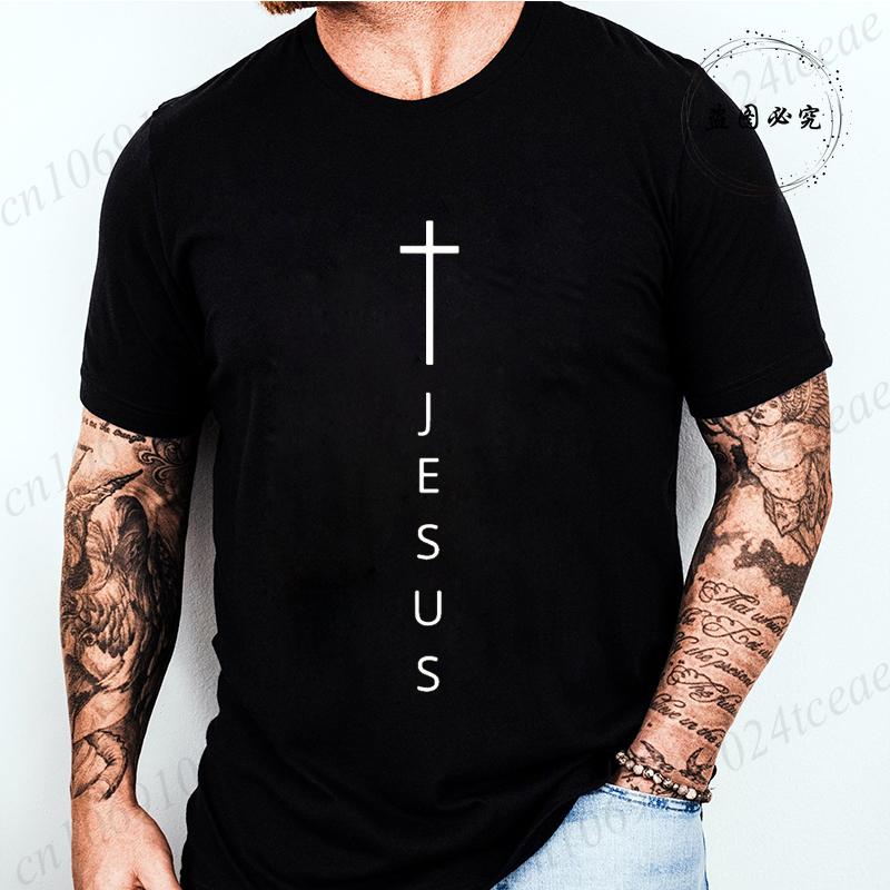 Men's Summer T-Shirts Fashionable Casual Loose Large Cross and Jesus Letter Printed Sports Round Neck Short Sleeve T-shirt Top