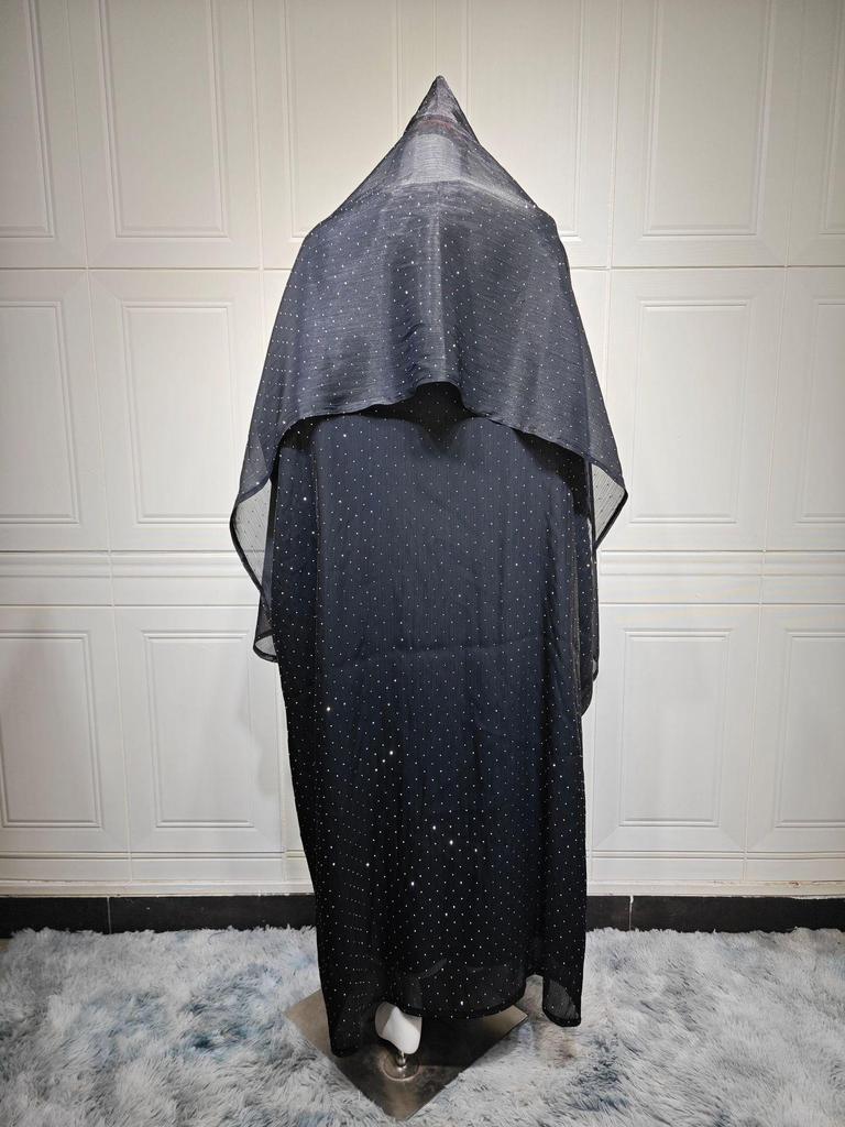 MQ197 Modest Dubai Abaya Set: Long Robe Coat with Hot Drill Details & Headscarf