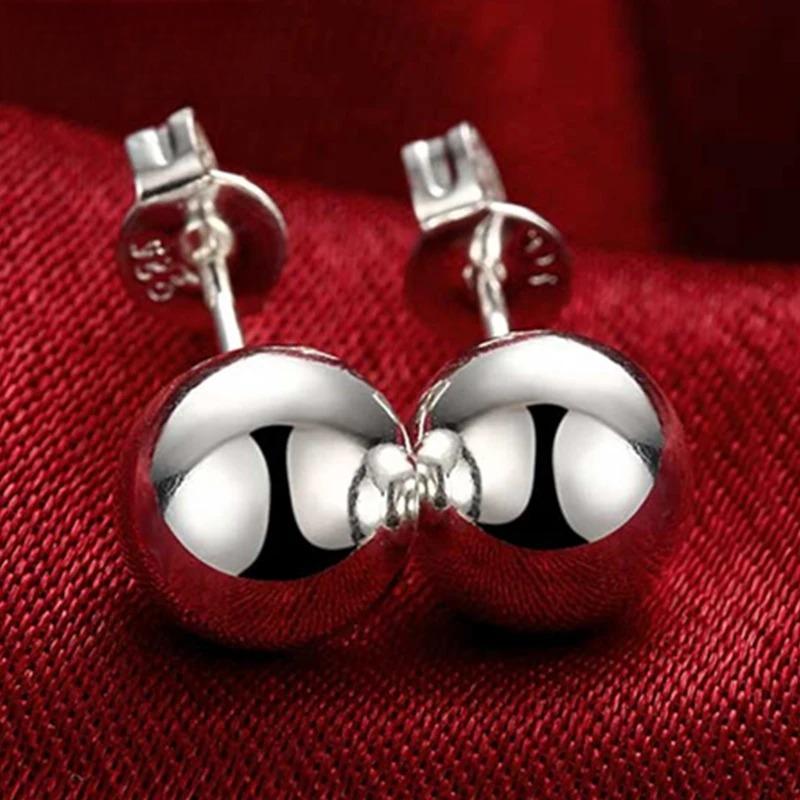 Süße 925 Silber 8/10/12mm Runde Glatte Massiv Perlen Kugel Stecker Ohrringe Für Damen Hochzeit Verlobung Party Schmuck