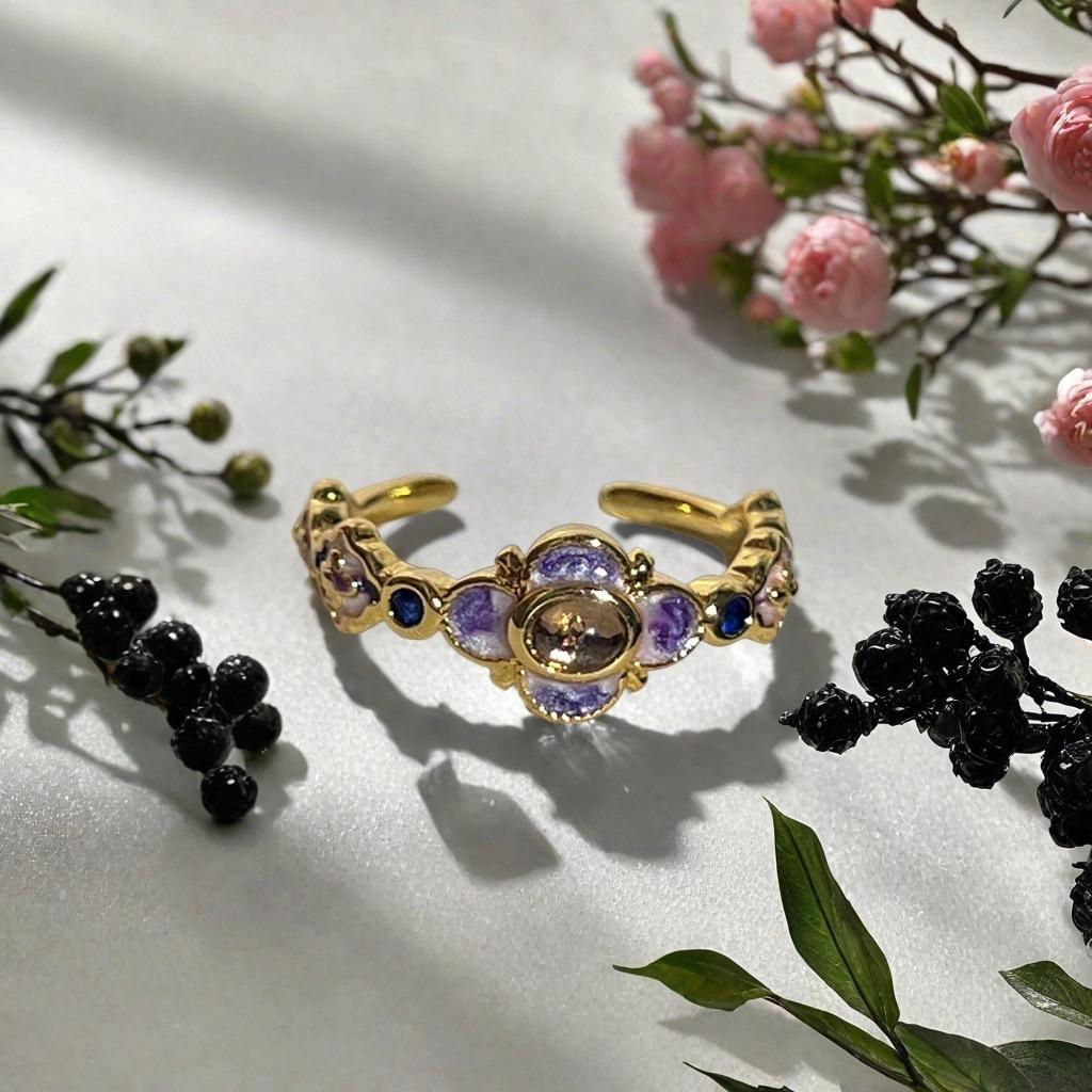 Medieval Vintage Enamel Oil Drop Gourd Open Ring French Retro Court Style Ring Light Luxury Premium Ring