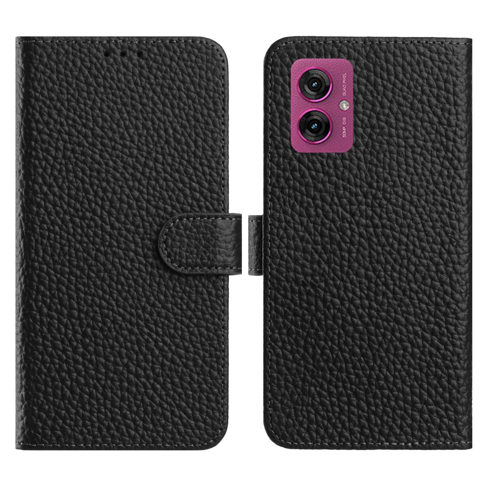 

For Motorola Moto G55 5G Case Wallet Stand Litchi Texture Genuine Cow Leather Flip Phone Cover Black