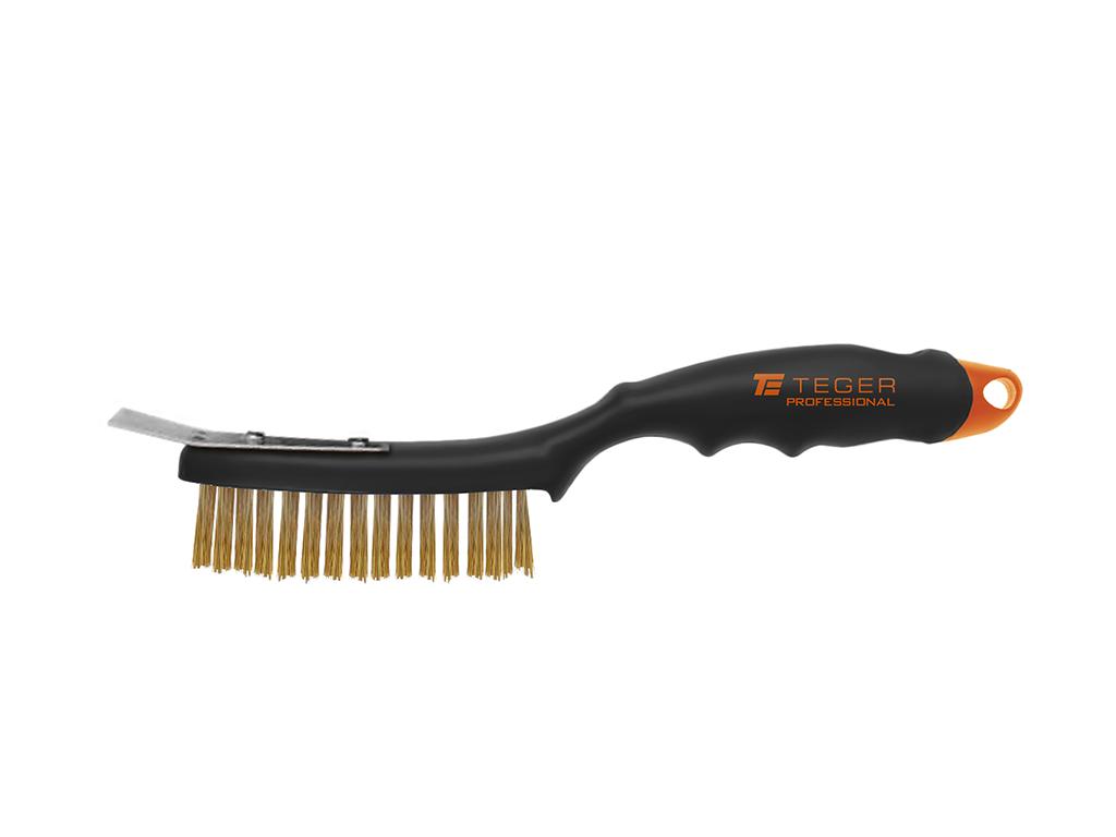 PROFESSIONAL Wire Rust Brush, Brass Wire / 4 Rows, with Scraper, with Plastic Handle, Teger