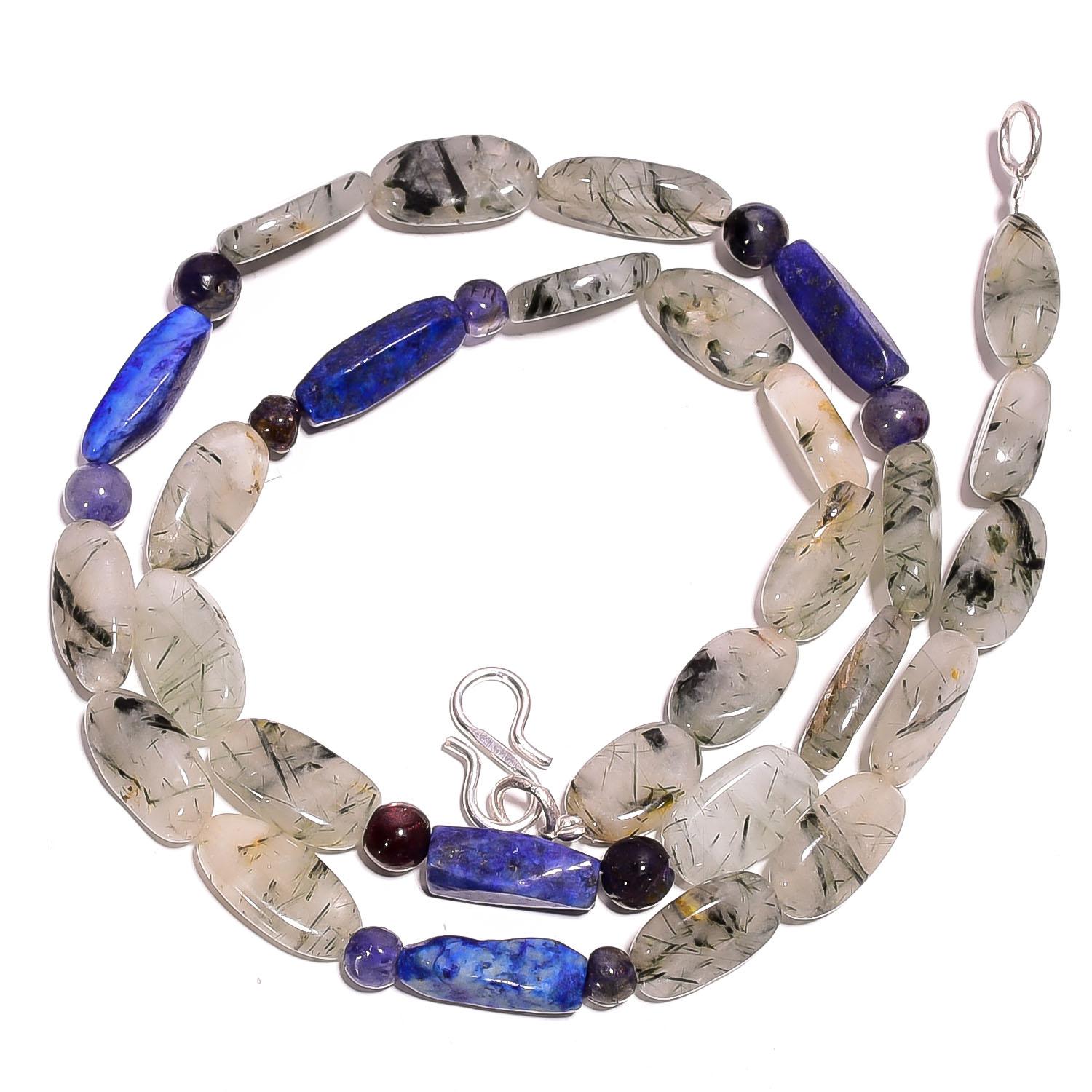 

Natural Rutile Quartz Lapis Lazuli Iolite Gemstone Beads Necklace 17 UB-2827 UB-2827