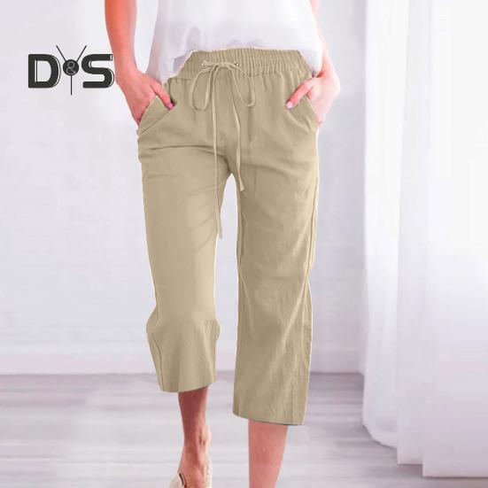 Frauen Sommer Hosen Jogginghose Einfarbig Gerade Weiche Elastische Taille Kordelzug Hosen Mittlere waden Länge Geerntete Hosen