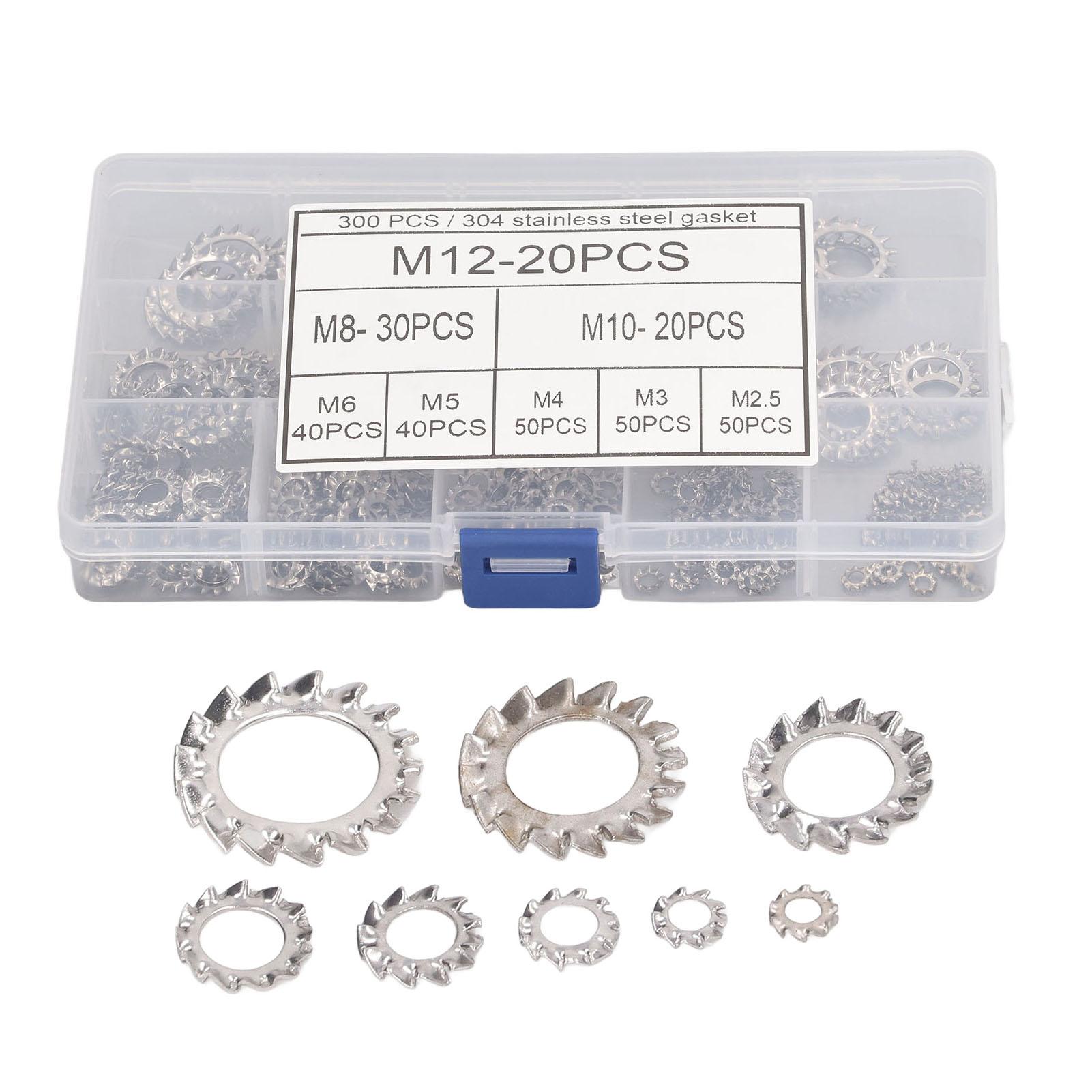 

300 шт. Шайбы с наружными зубцами Ассортимент шайб из нержавеющей стали M2.5‑M12 8 типов крепежа