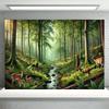 Serene Sunlit Forest Tapestry, Misty Woodland with Spotted Deer, Ferns and a Gentle Stream, Calming Nature Wall Art