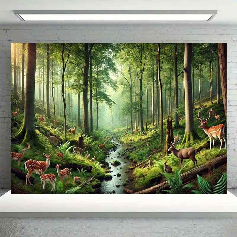 Serene Sunlit Forest Tapestry, Misty Woodland with Spotted Deer, Ferns and a Gentle Stream, Calming Nature Wall Art
