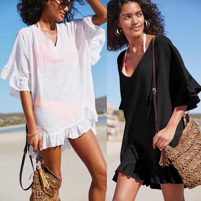 Cache-maillot col V en coton et bambou européen-américain – Tenue de plage pour les vacances avec protection solaire