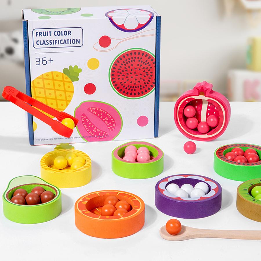 1Set Montessori Early Education Wooden Children s Color Classification Matching Fruit Cognitive Bead Fine Action Training