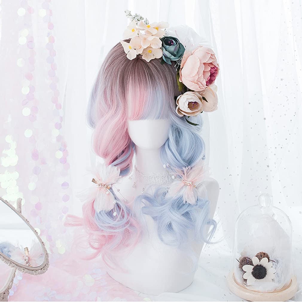 Harajuku Style Lolita Wig, Long Curly Two-Tone Wig (Blue & Pink), Heat-Resistant Cosplay Wig for GAL, Gothic Lolita, Party, Daily Wear, 54cm