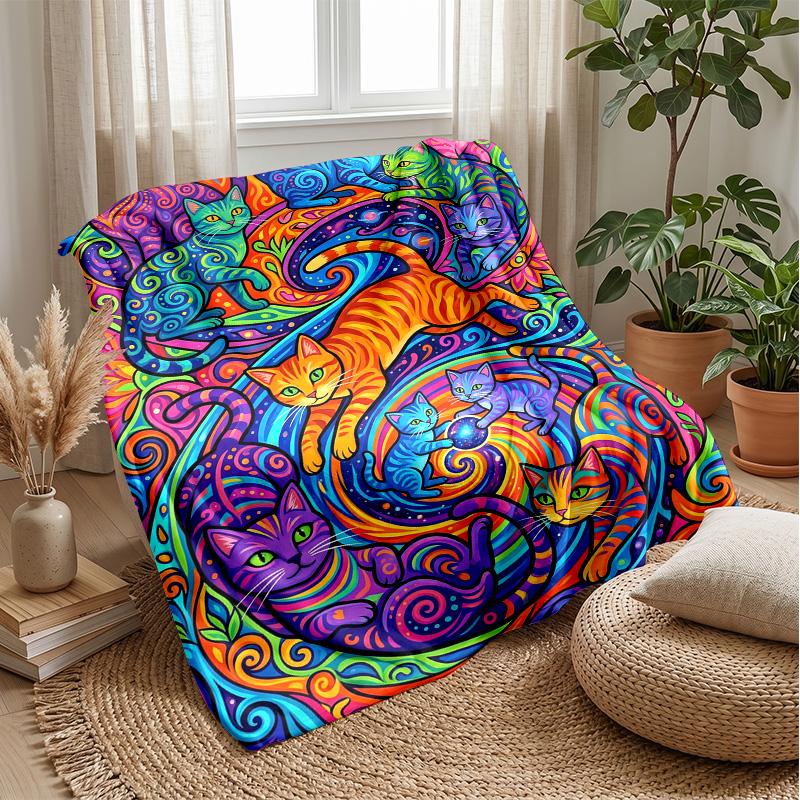 

Colorful Cats in Flowers blanket Personalized Name Flannel Blanket Soft Cozy Plush Throw for Sofa Bed Lightweight Home Decor 75x90cm