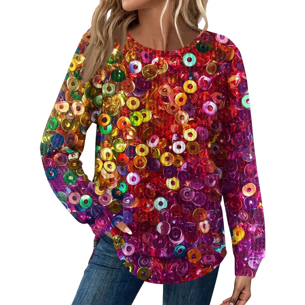 Women's Fashion  Loose Long Sleeve Carnival Print  Round Neck Casual Top