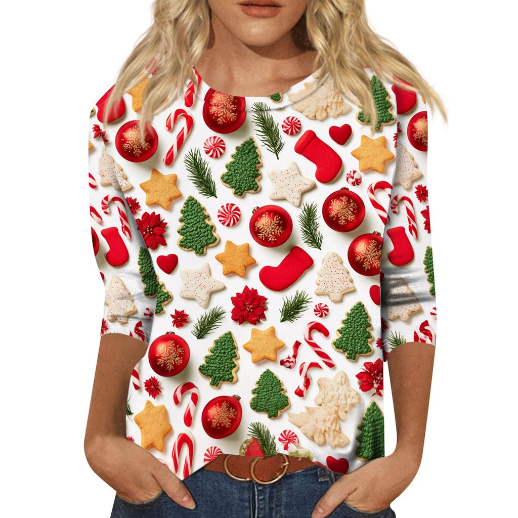 Women's Casual Christmas Print Neck Three-Quarter Sleeve T-Shirt