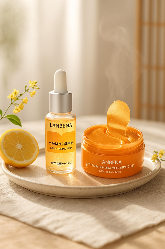 LANBENA Vitamin C Skincare Series 2 Pcs Set Whitening Serum Eye Masks Speckle Fade Dark Spots Dark Circles Anti-Aging