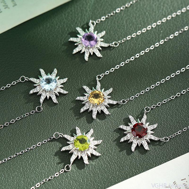 Elegant S925 Sterling Silver Sunflower Necklace, Inlaid Amethyst/Topaz Crystal, Fashion Starburst Choker Jewelry for Women