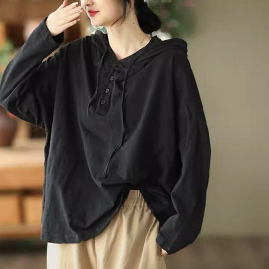 2025 Spring Retro Hooded Pullover: Women's Casual Loose Fit Solid Color Long Sleeve Sweatshirt