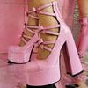 Fashion New Butterfly Big Size 36-47 Women Sandals Buckle Thick High Heels15cm Female Shoes Patent Leather  Pink Black High Heels