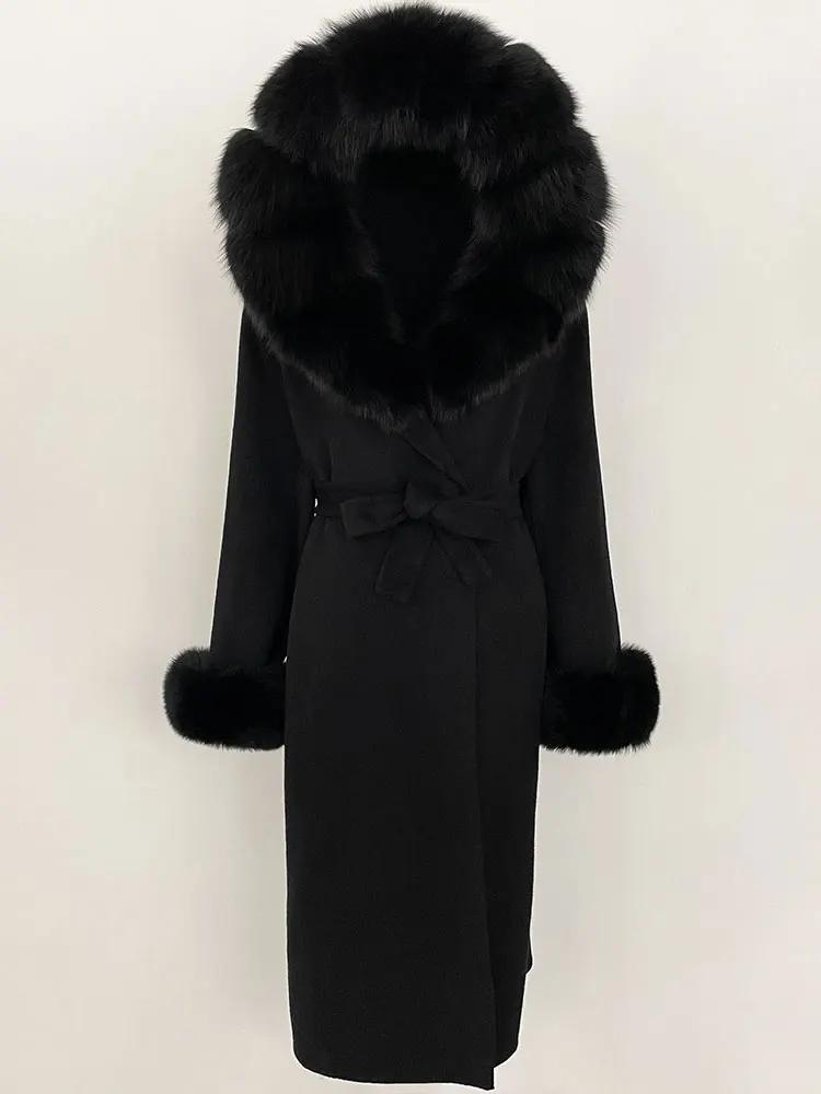 OFTBUY Winter Women Coat Real Natural Fox Fur Hooded Detachable Collar Double-faced Woolen Jacket Long Casual Elegant Overwears