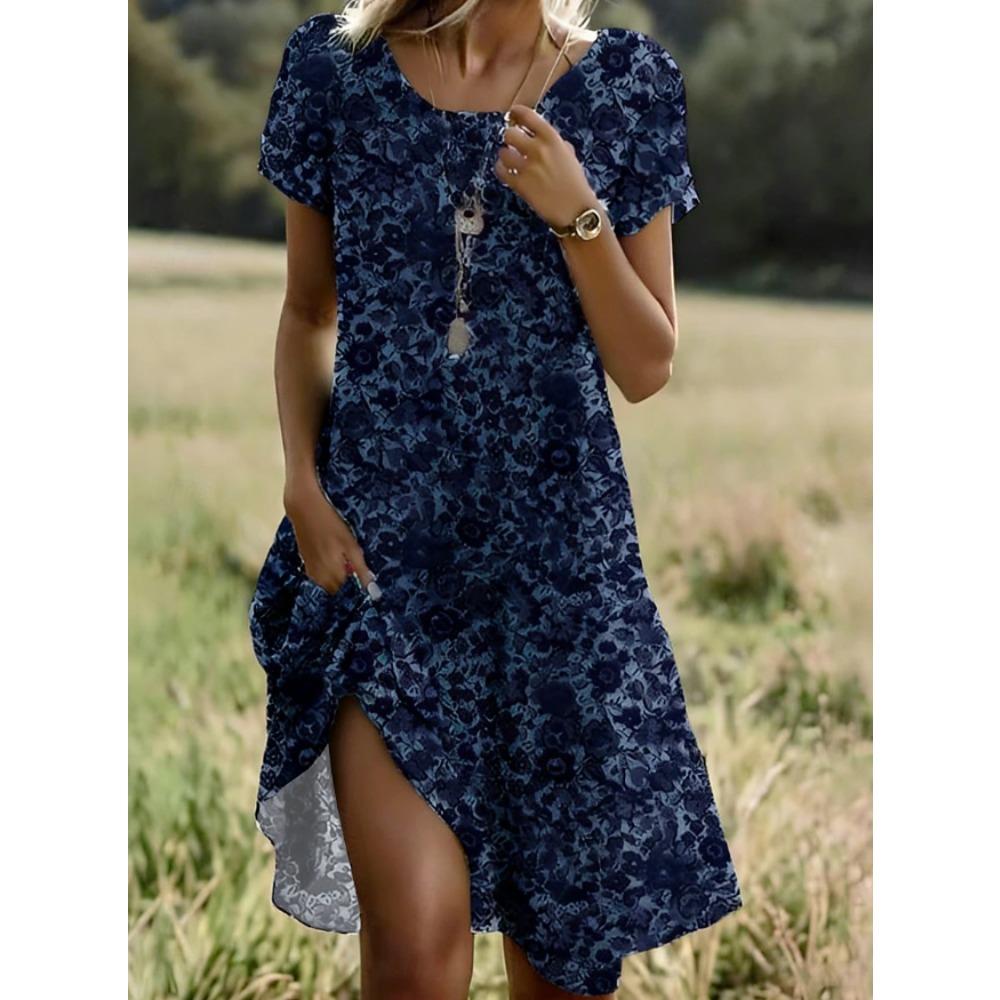 Abiti casual da donna con stampa floreale, manica corta, girocollo, per estate e primavera