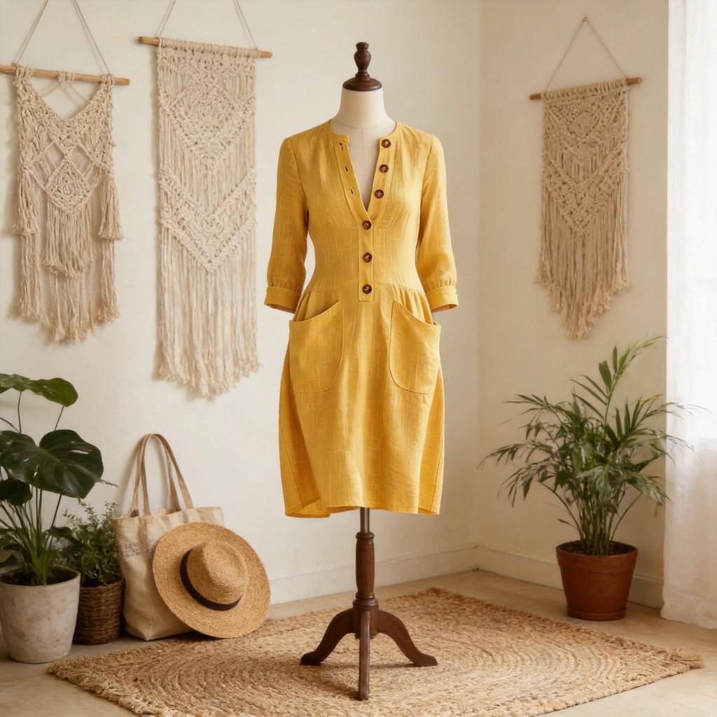 Style V Neck Button Pocket Loose Dress For Casual Travel And Outing