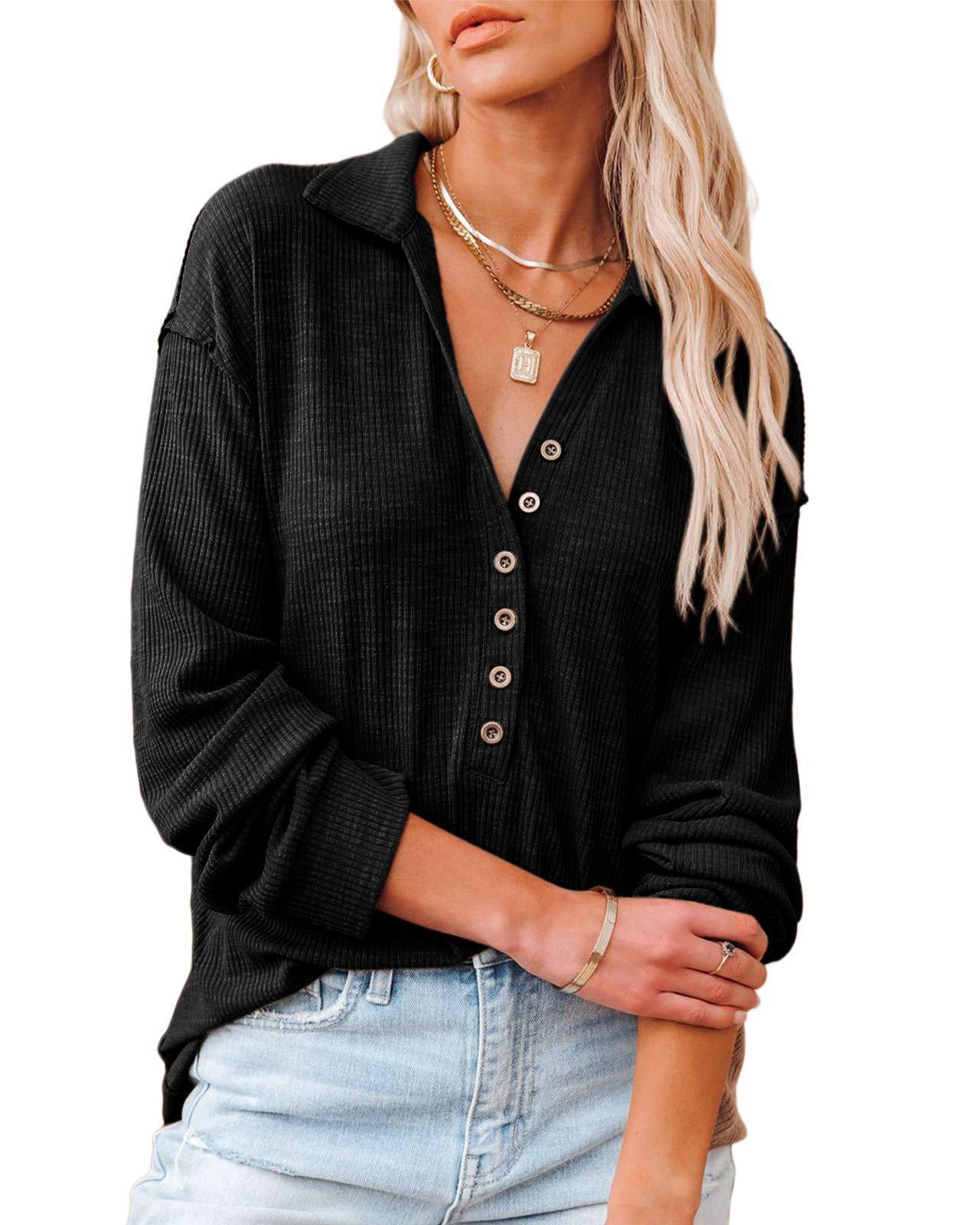 Cross-border 2025 Amazon autumn and winter long-sleeved knitted sweater women s independent station wish lapel button long-sleeved T-shirt ins S чёрный