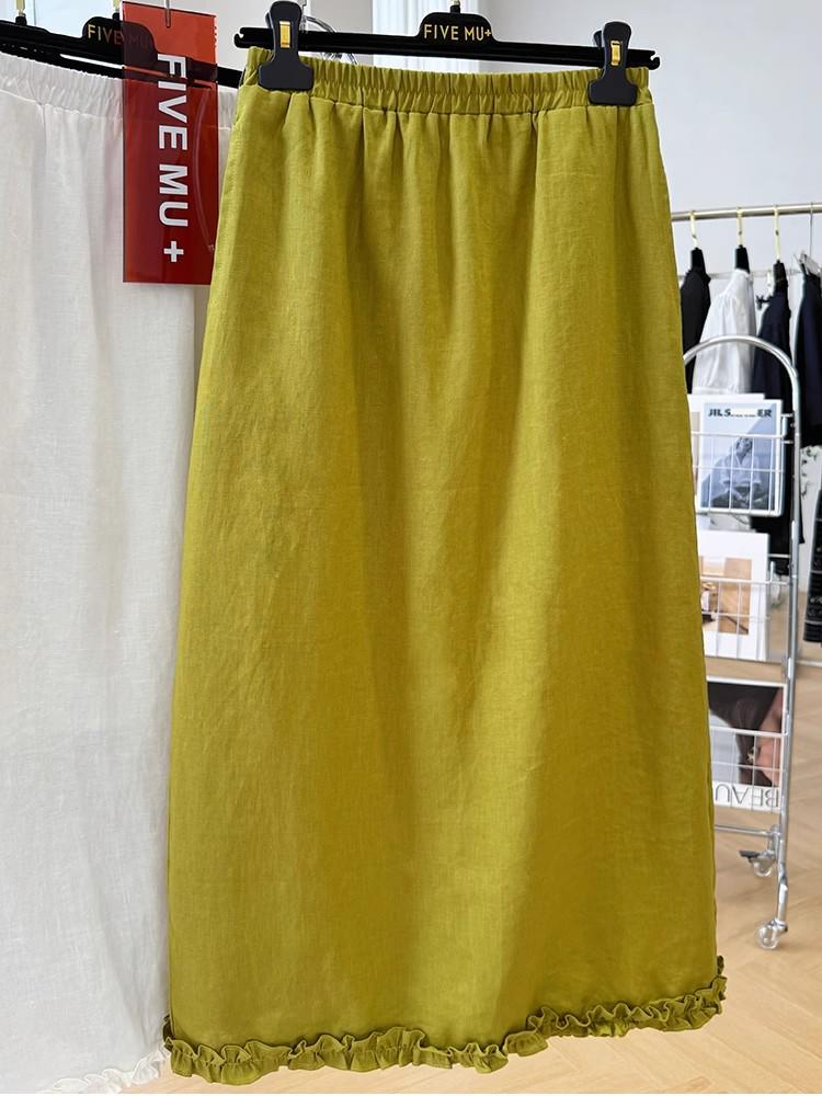 3731 Elegant Korean-Style Linen Ruffle Midi Skirt for Women