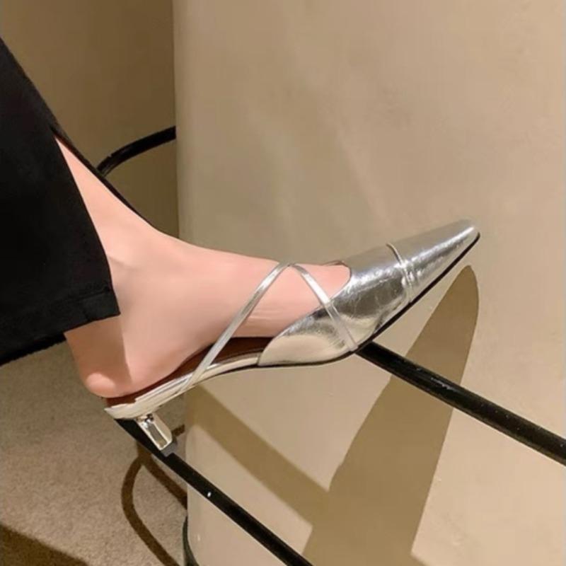 

2025 New Women Slippers Silver Mules Shoes Summer Sandals Pumps Mid Heels Slides Stilettos Party Slingback 39