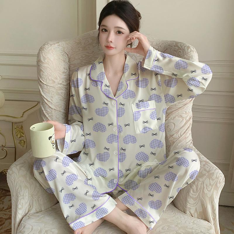 Fashion Ice Silk Thin Pajamas Women'S Spring High-End Silk Striped Cartoon Loungewear Long-Sleeved Two-Piece Set
