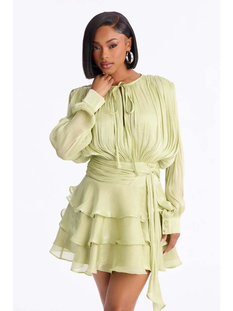 

Navy Blue Tie-Neck Long Sleeve Dress with Ruffled Hem L