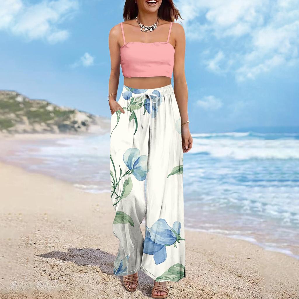 Women's Wide Leg Pants With Elastic Waistband Printing Large Pockets Patchwork Edge, Loose Pants