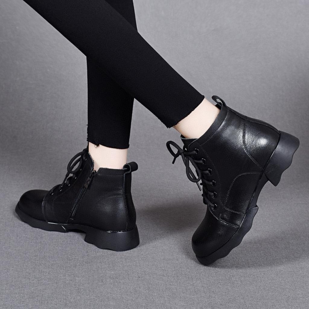 Martin boots women's autumn and winter new round head lace-up casual short boots black cowhide flat cotton boots women's leather boots