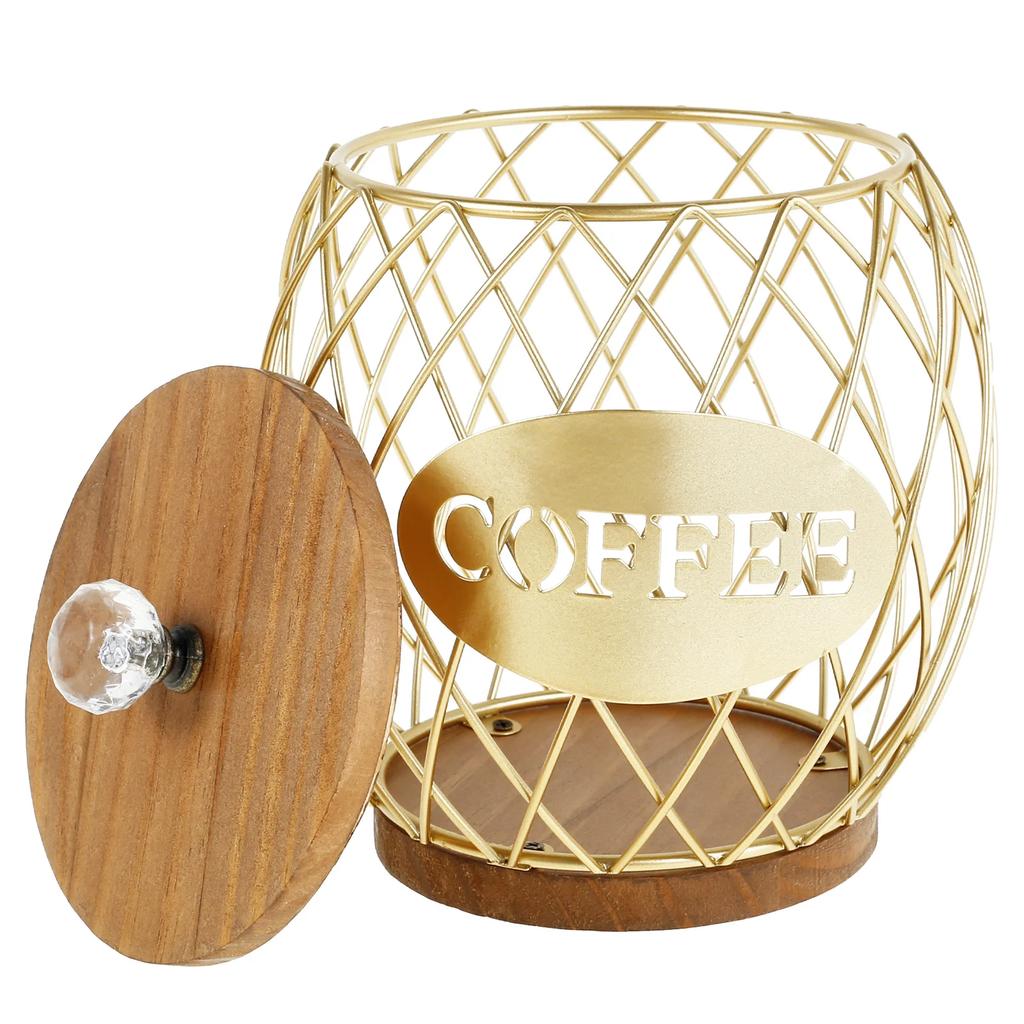 Coffee Pod Basket Holder Metal Coffee Pod Organizer with Dust Cover Hollow Design Large Capacity Kitchen Storage Basket