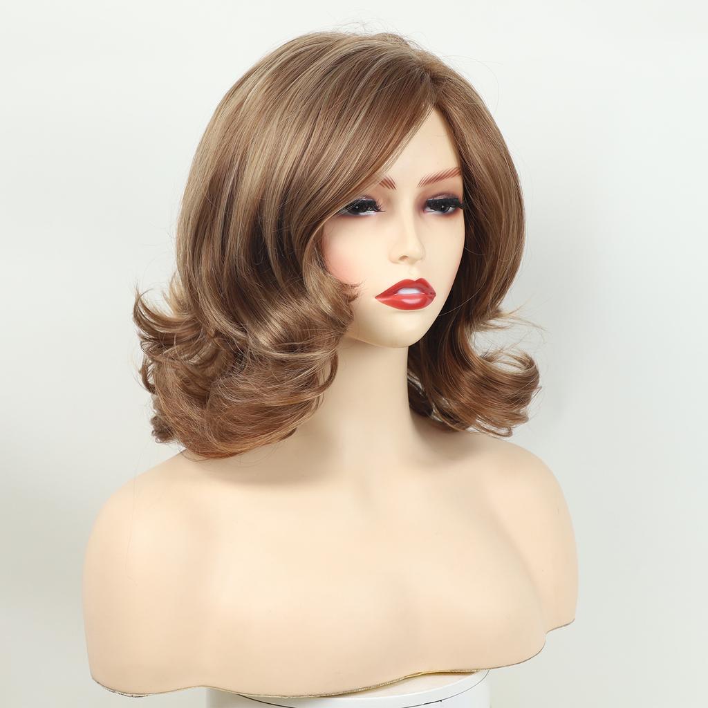 Parrucche Sintetiche Corte e Ricci con Frangia Biondo Chiaro Marrone Misto Onda d'Acqua per Donne Capelli in Fibra Resistente al Calore Parrucche Quotidiane per Cosplay