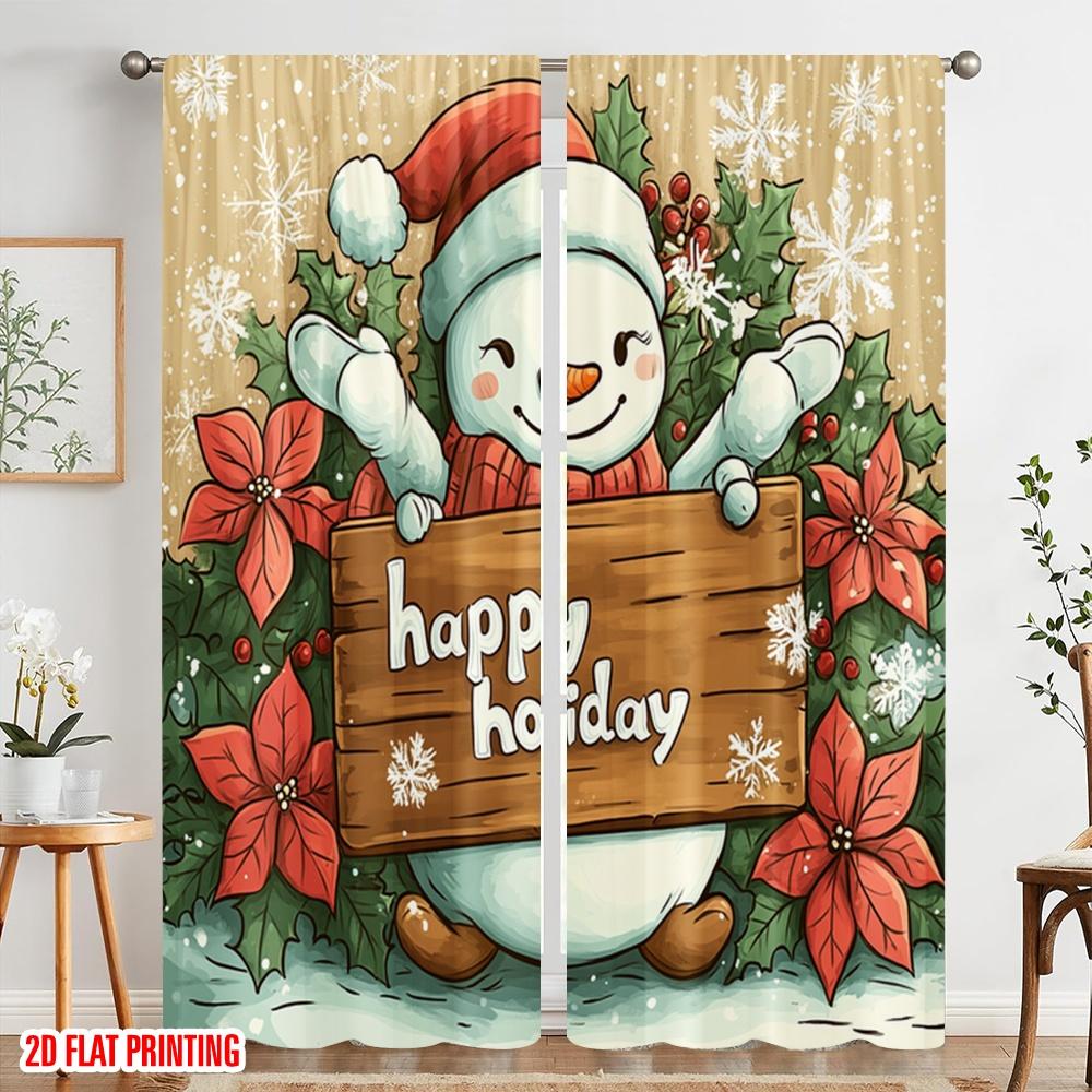 2pcs,2D plane printing Light Filtering Curtains Cute Snowman Happy Holidays Sign (3) 100% Polyester (without rod) All Seasons