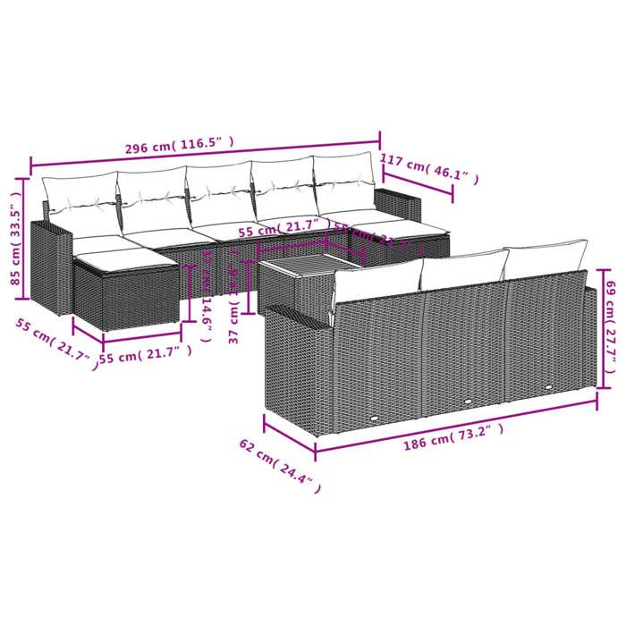 VidaXL Salon de Jardin avec Coussins 11 pcs, Canapés de Terrasse, Ensemble de Meubles de Patio, Mobilier d'Extérieur, 3256675