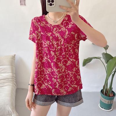 Πλισέ T-shirt με στρογγυλή λαιμόκοψη και κοντό μανίκι για γυναίκες το καλοκαίρι, άνετο, διαπνέον, μοντέρνο και ευέλικτο, φλοράλ χαλαρή μπλούζα