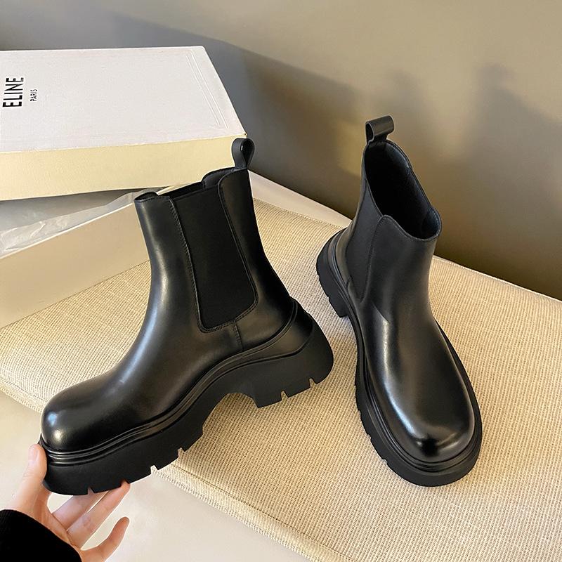 Women's Shoes Platform Chelsea Boots Leather Martin Boots 2025 New Fashion British Style Heightened Cigarette Tube Short Boots