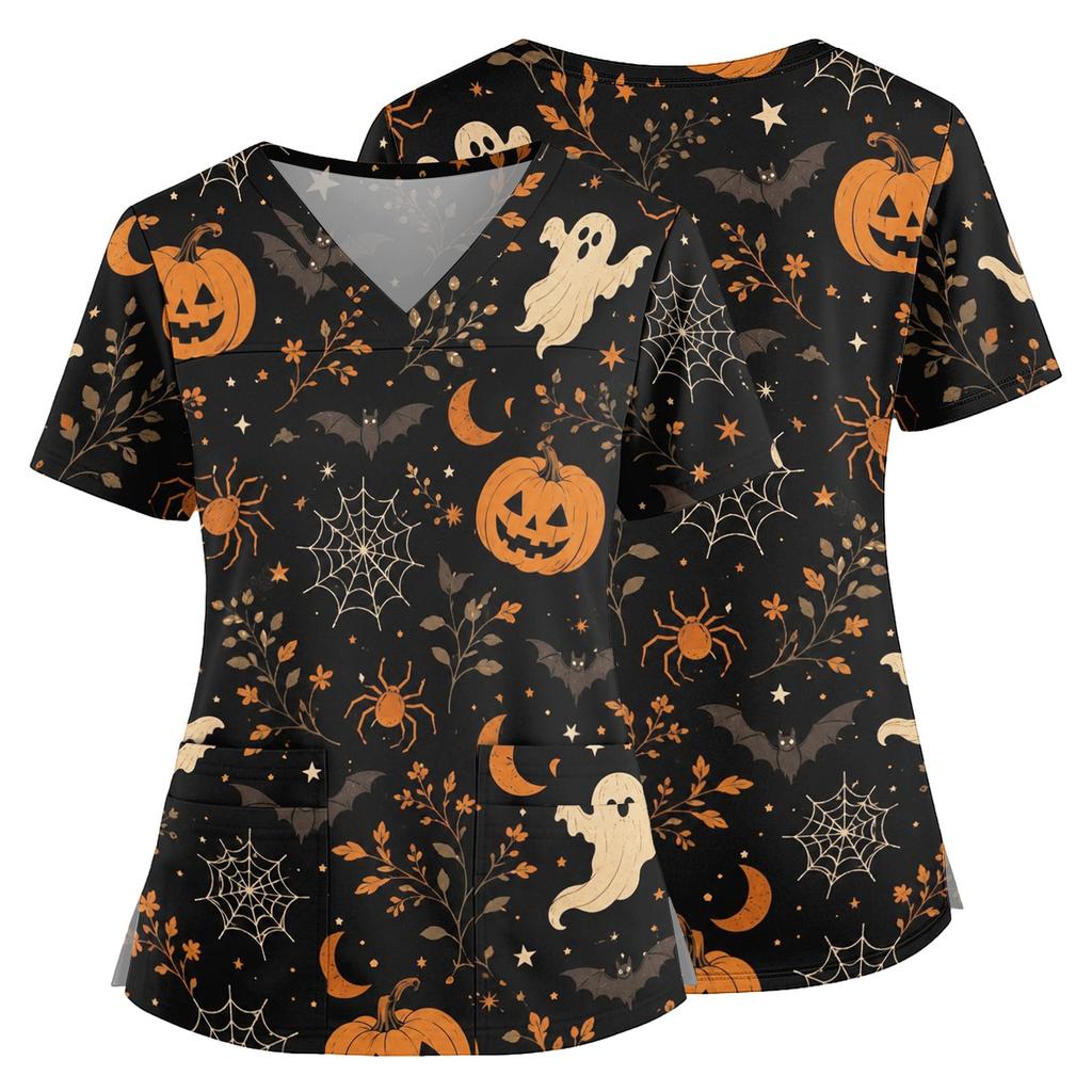 Women's Halloween Print V Neck Medical Scrub Top with Pockets Side Slit Short Sleeve Nurse Uniform Shirt for Healthcare Professionals