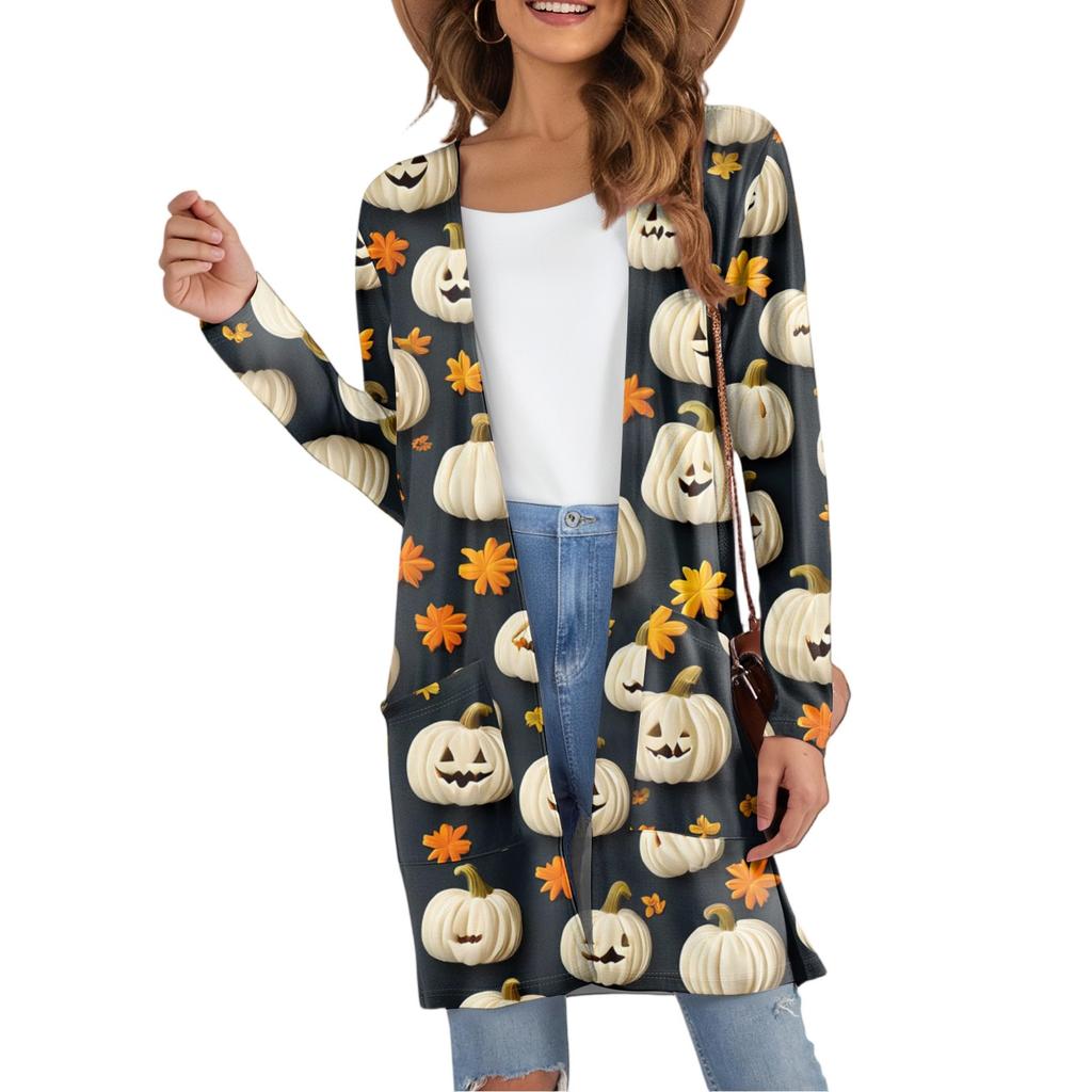 Women's Fashion Casual Comfortable Halloween Printed Mid-Length Cardigan With Pockets Jacket