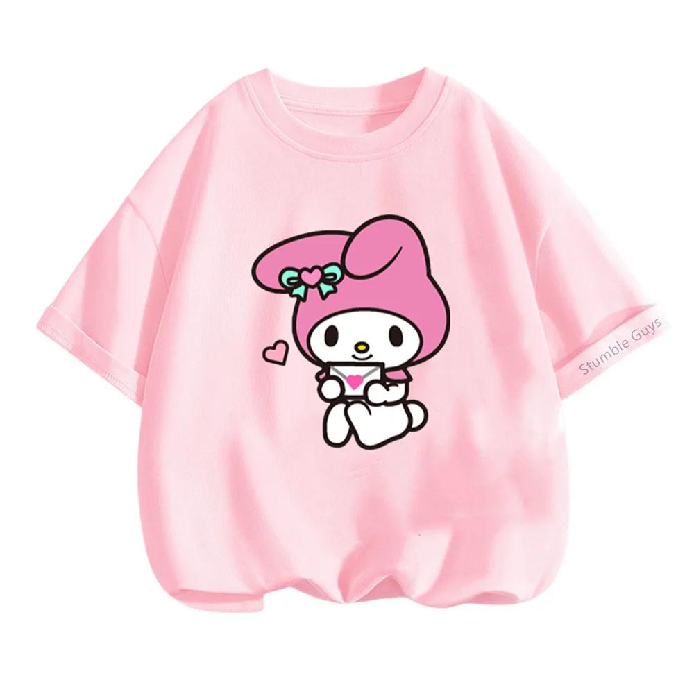 Kawaii My Melody Sanrio Short Sleeve T-shirt 3-14Y Kids Summer Casual Tops Boys Clothes Girls