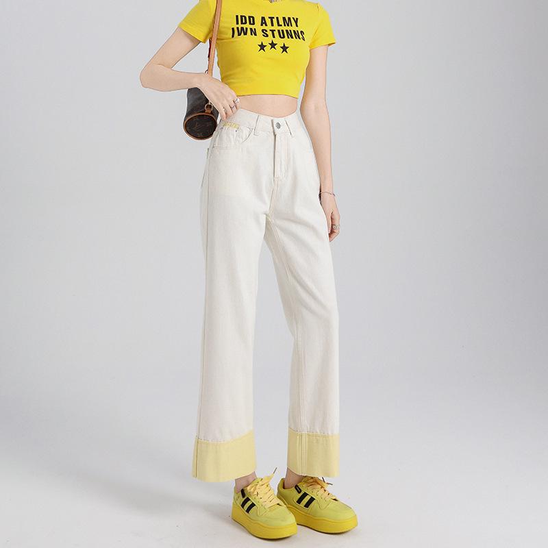 Rolled Cuff Contrast Wide-Leg Petite Jeans - Women's Spring/Summer Grandma Style, Loose Fit, 7/8 Length.