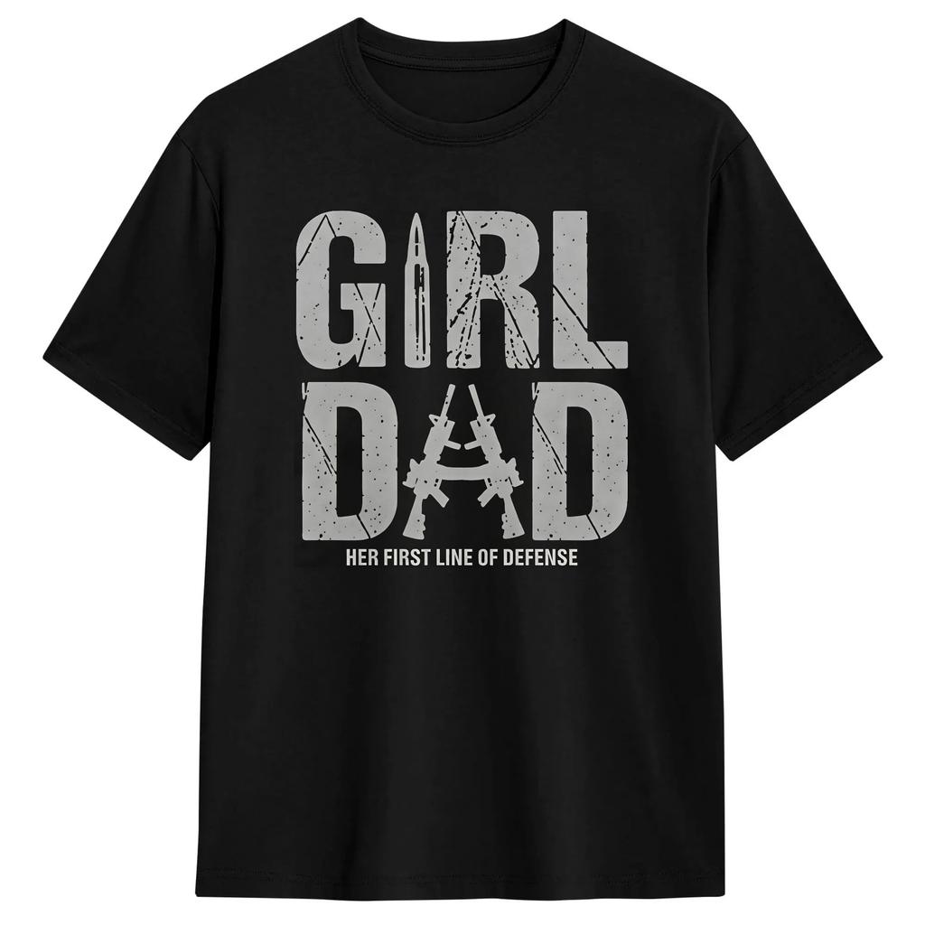 Unisexs Dad Of Girls Outnumbered American Flag Tshirts Cotton Tees Summer Awesome Short Sleeves Tshirt Crewneck Hipster Tshirt