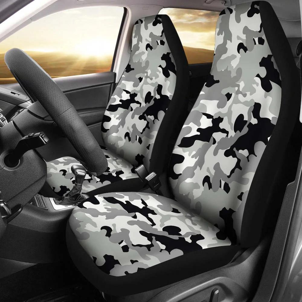 Gray, Black and White Camouflage Car Seat Covers Set Camo Pattern,Pack of 2 Universal Front Seat Protective Cover 01